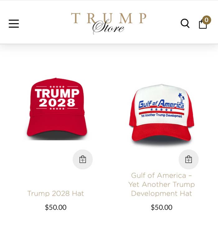 Two baseball caps listed: one says "Trump 2028," the other "Gulf of America – Yet Another Trump Development." Both priced at $50.00