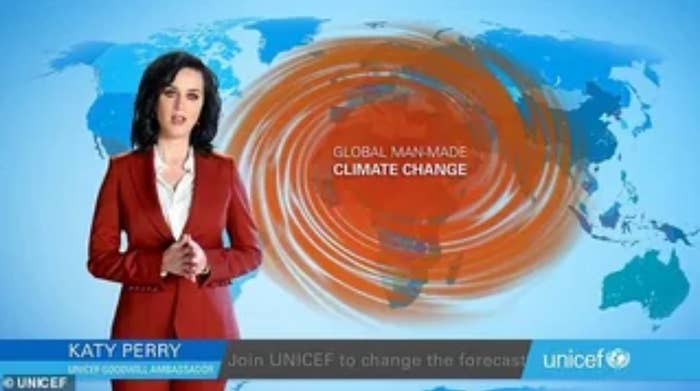 Katy Perry delivers a message about "Global Man-Made Climate Change" with a world map background, representing a UNICEF initiative