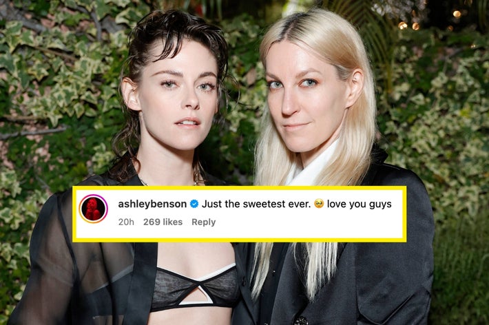 Two people posing. One wears a sheer outfit with a bikini top; the other is in a suit. Overlay: Comment by Ashley Benson praising them