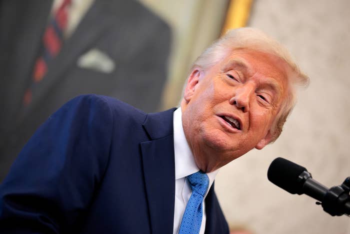 U.S. President Donald Trump delivers remarks during the swearing-in ceremony for Securities and Exchange Commission Chairman Paul Atkins in the Oval Office at the White House
