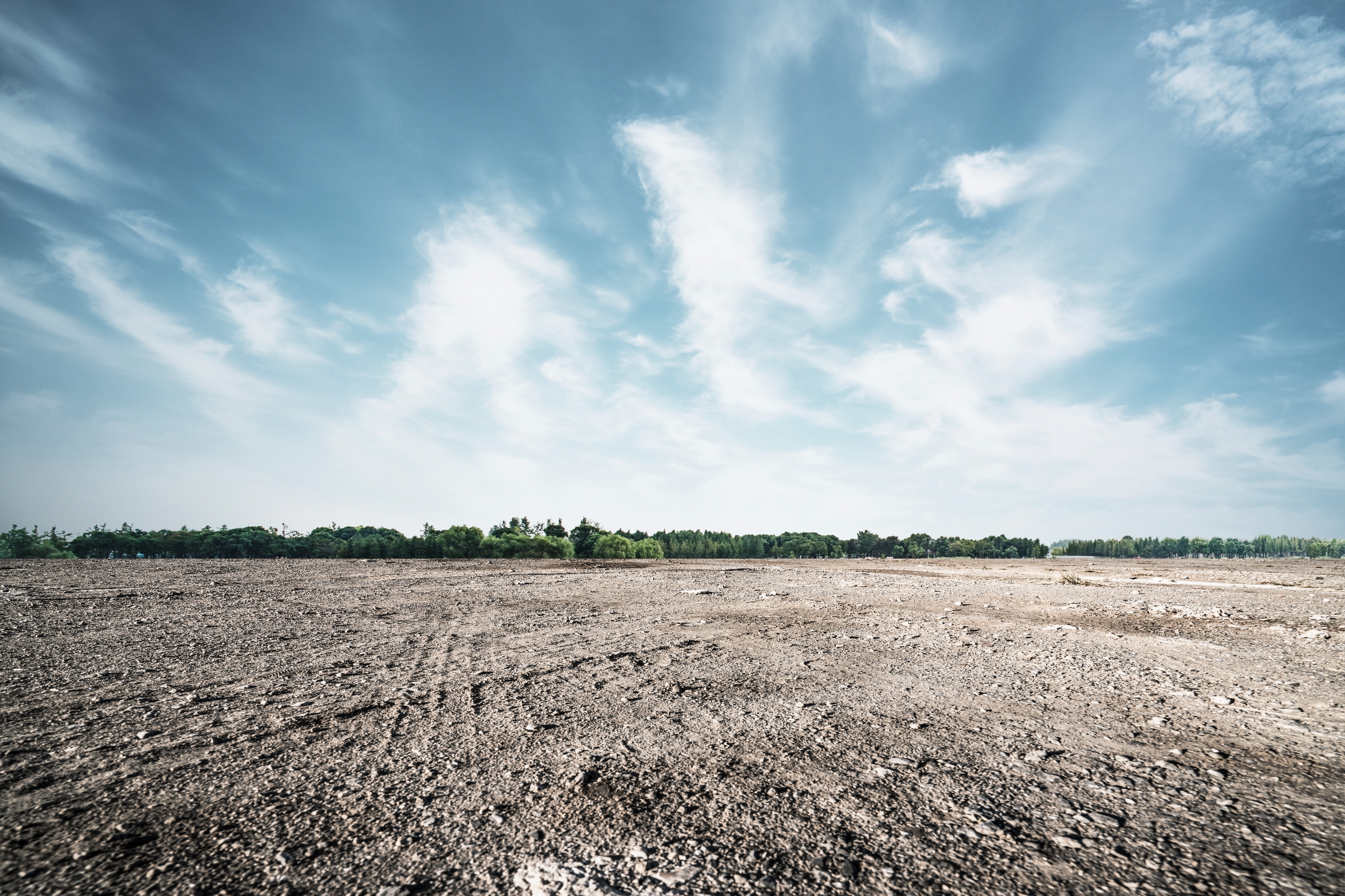 Expansive barren landscape with a distant tree line under a partly cloudy sky