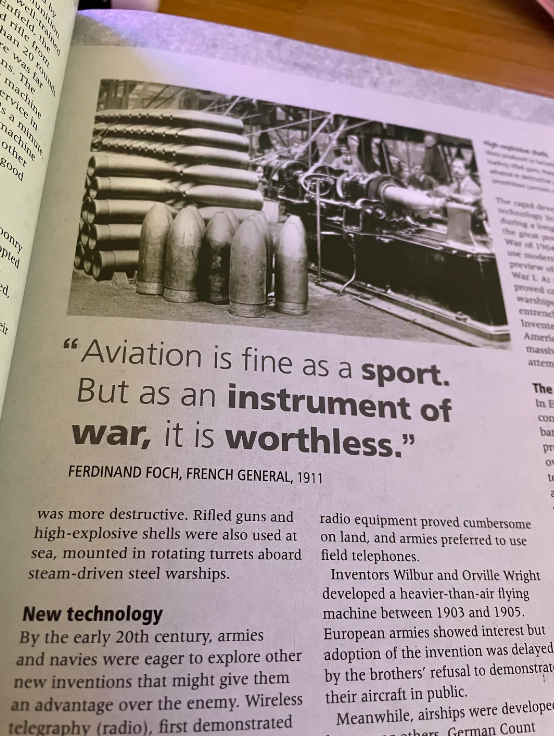 Page from a book featuring a quote by Ferdinand Foch about aviation being a sport and being useless as an instrument of war