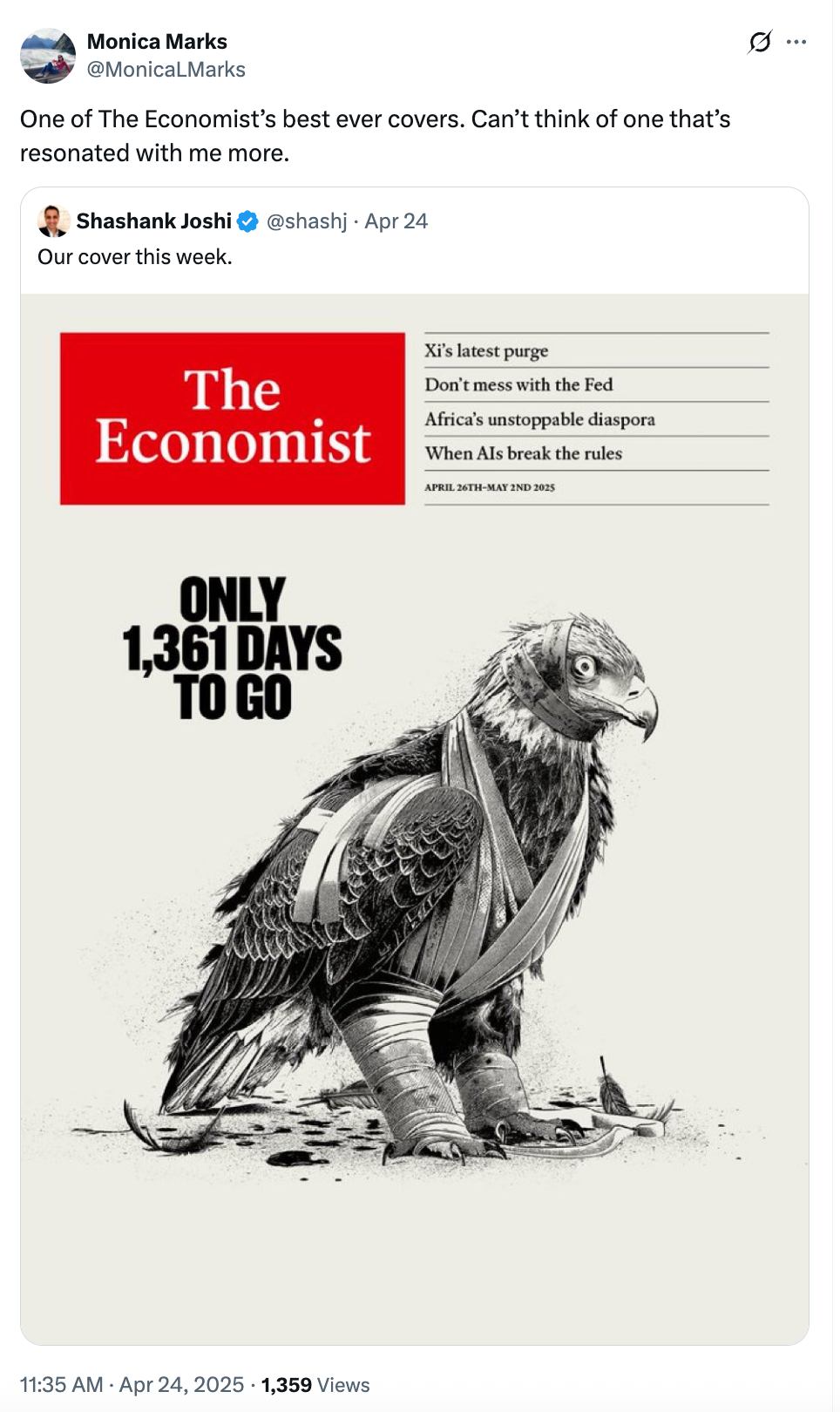 Cover of The Economist magazine showing a sculpture-like eagle with a broken wing and wrapped in bandages, headline reads "Only 1,361 Days to Go."
