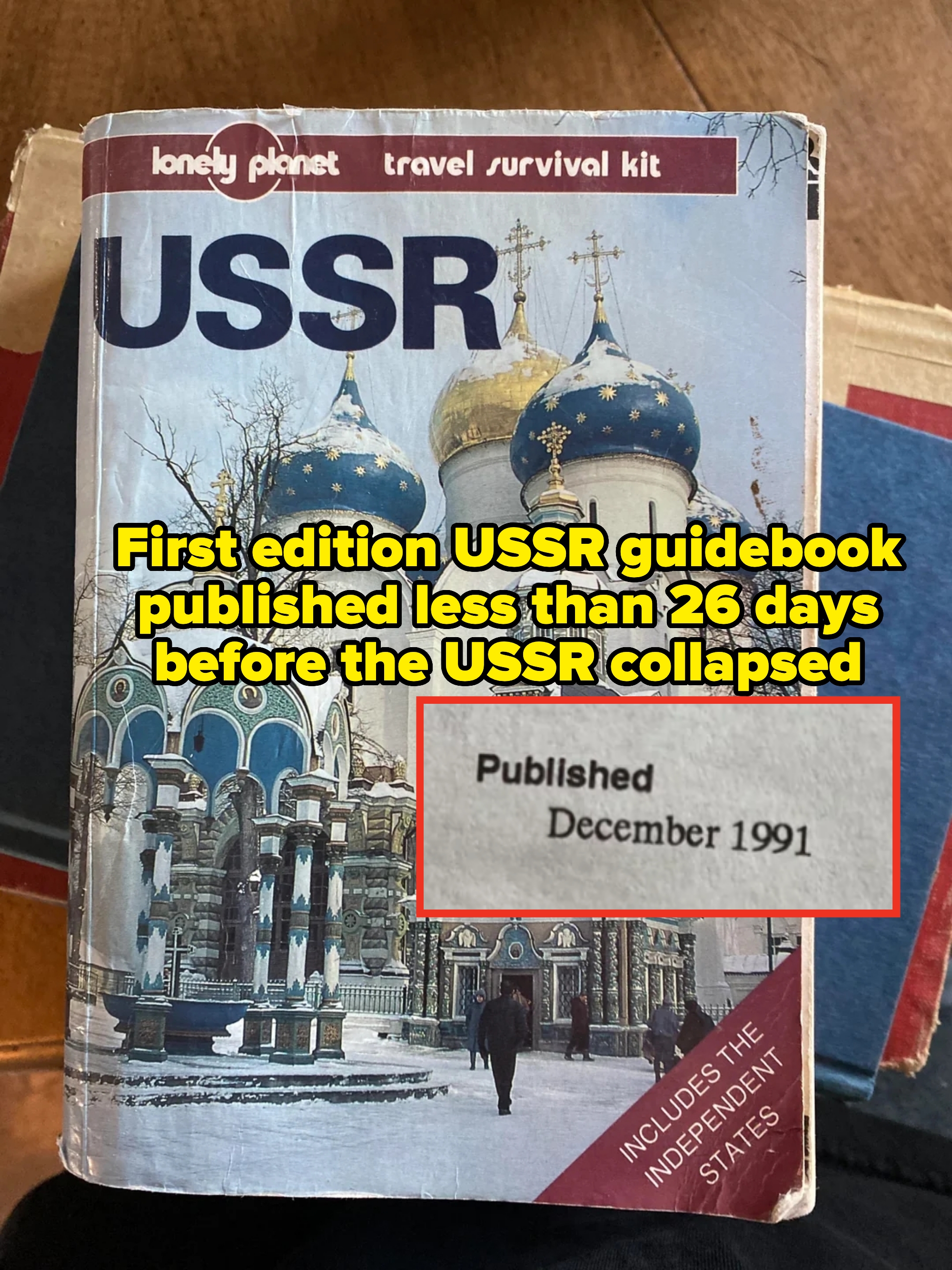 Cover of Lonely Planet's "USSR Travel Survival Kit," featuring Russian architecture with domes and intricate designs — publication date is December 1991