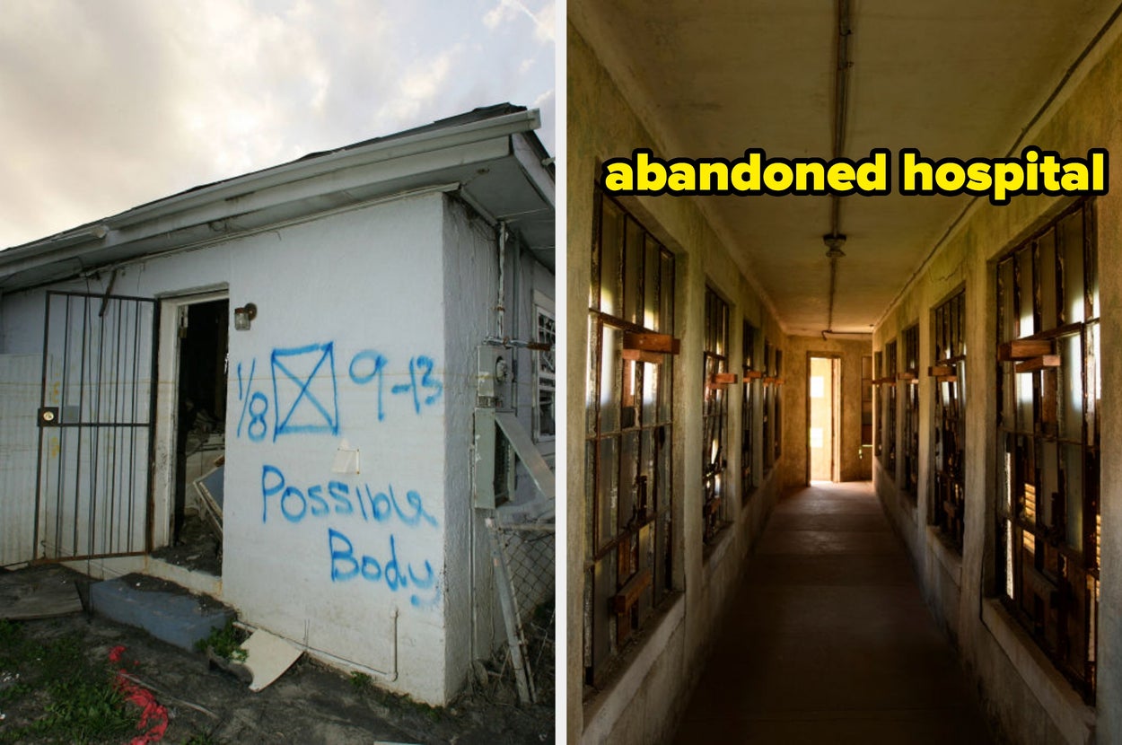 abandoned house with "possible body" message on the wall, and an eerie hallway in an abandoned hospital