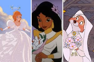 Animated princesses: Giselle in a sparkling gown, Jasmine in a white and gold dress, and Maid Marian as a fox holding flowers