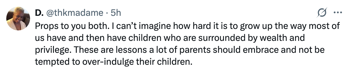 Tweet praising two people for raising children without overindulgence in a wealthy environment