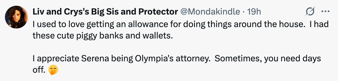 Tweet about nostalgic childhood memories of getting an allowance and valuing downtime, with a mention of Serena and Olympia