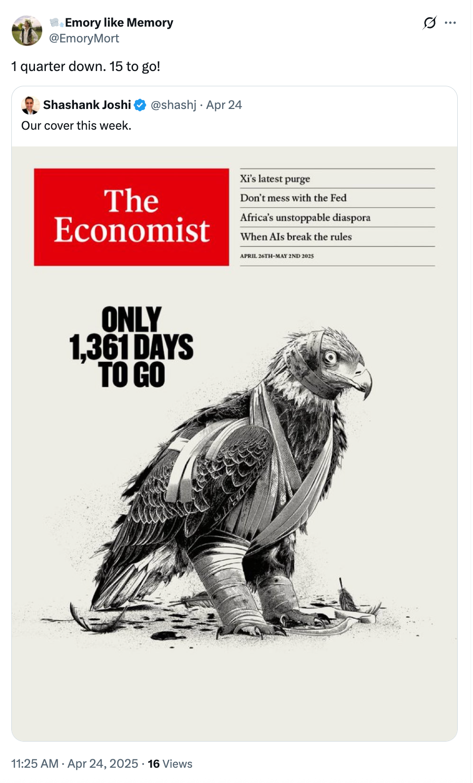 The Economist cover with an eagle in bandages, listing articles on Xi, the Fed, Africa's diaspora, and AI. "1,061 days to go" is prominently displayed