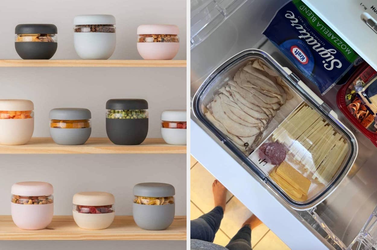 Left: Snack containers on shelves. Right: Open fridge with food in a stainless container and deli items, promoting kitchen storage solutions