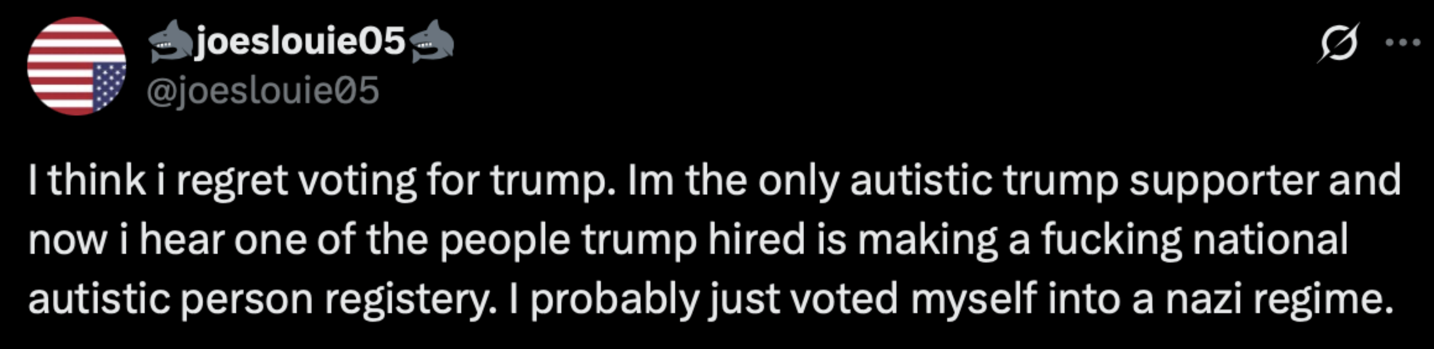 Tweet expressing regret over voting for Trump due to concerns about policies affecting autistic people