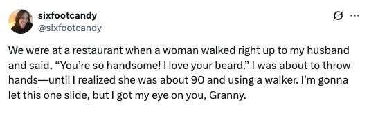 Tweet describes an encounter where an older woman compliments a husband, and the wife humorously expresses her initial jealousy