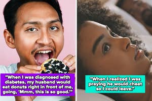 Person eating a donut with text about diabetes; a woman looking up with text about praying for a partner's infidelity