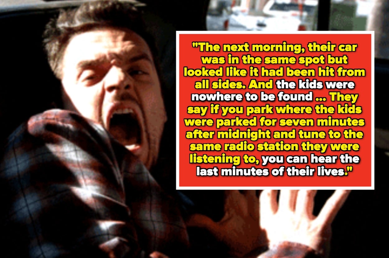 Man in distress screams, gripped with fear. Text block discusses an eerie legend about a car incident and a radio station connection