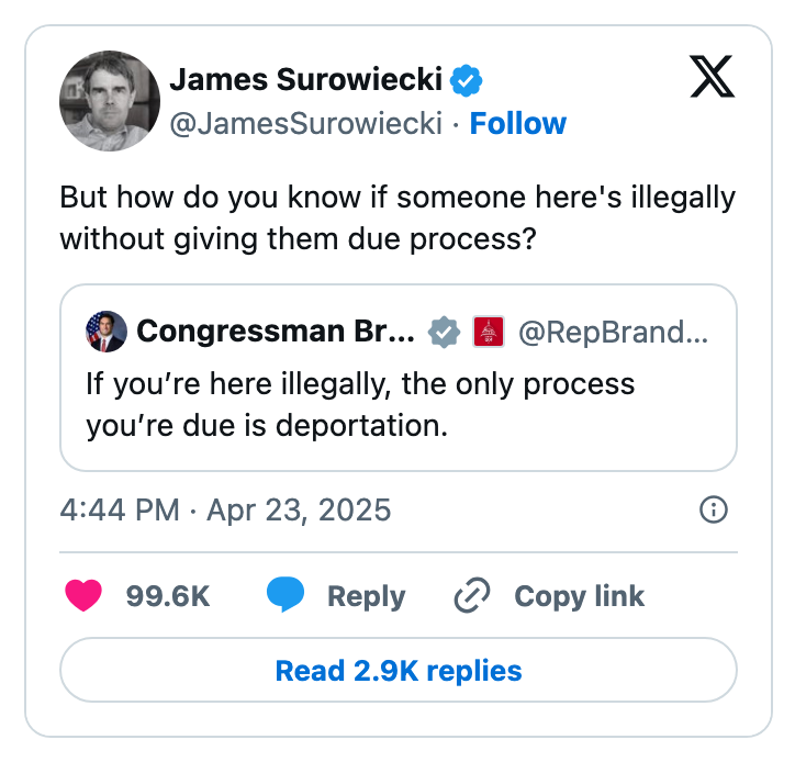 Tweet by James Surowiecki questioning due process for undocumented immigrants, quoting another tweet about deportation priority