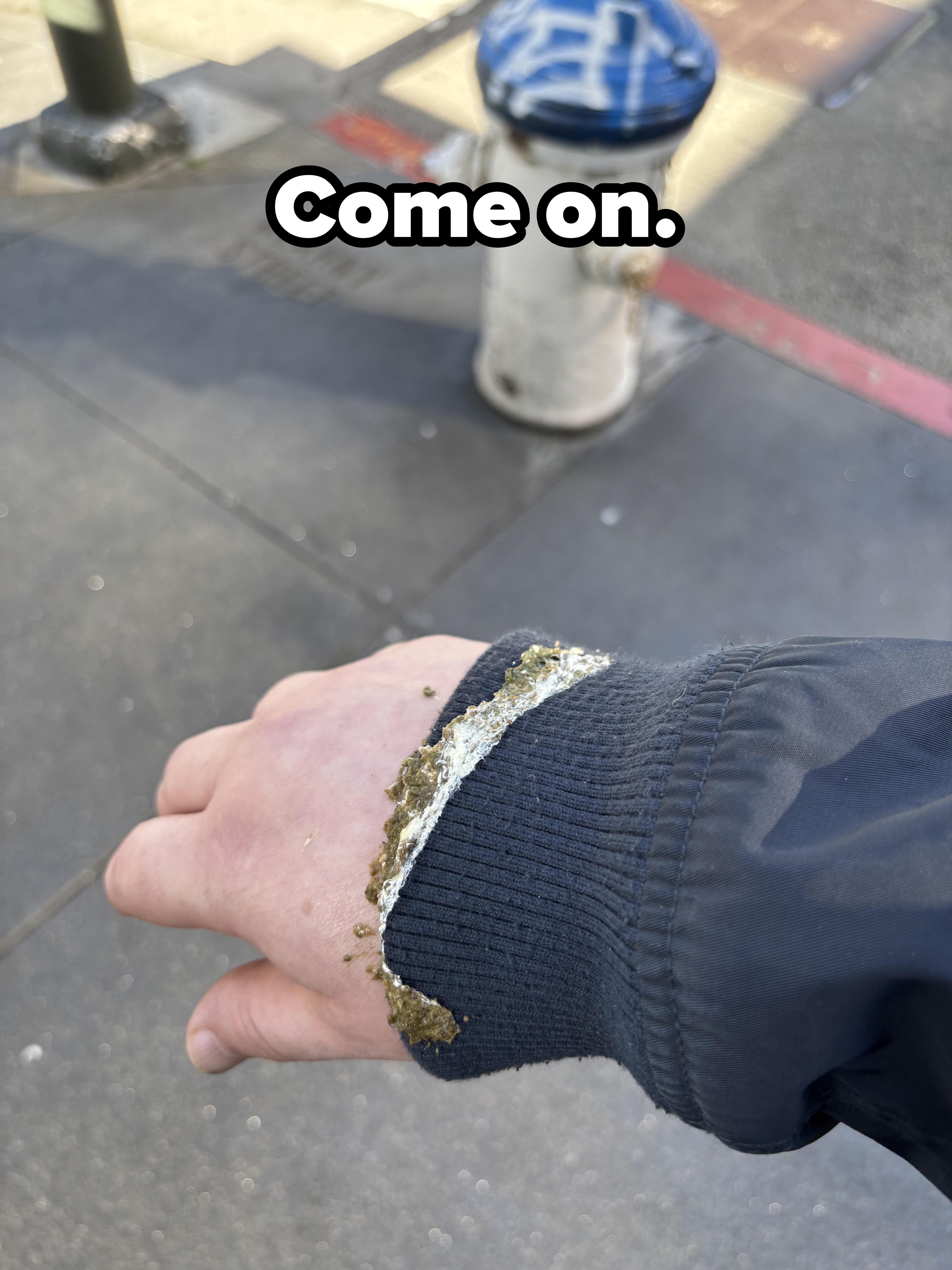 A hand wearing a jacket is shown close-up, with dirt or mud on the sleeve. A fire hydrant is visible in the background on a city street
