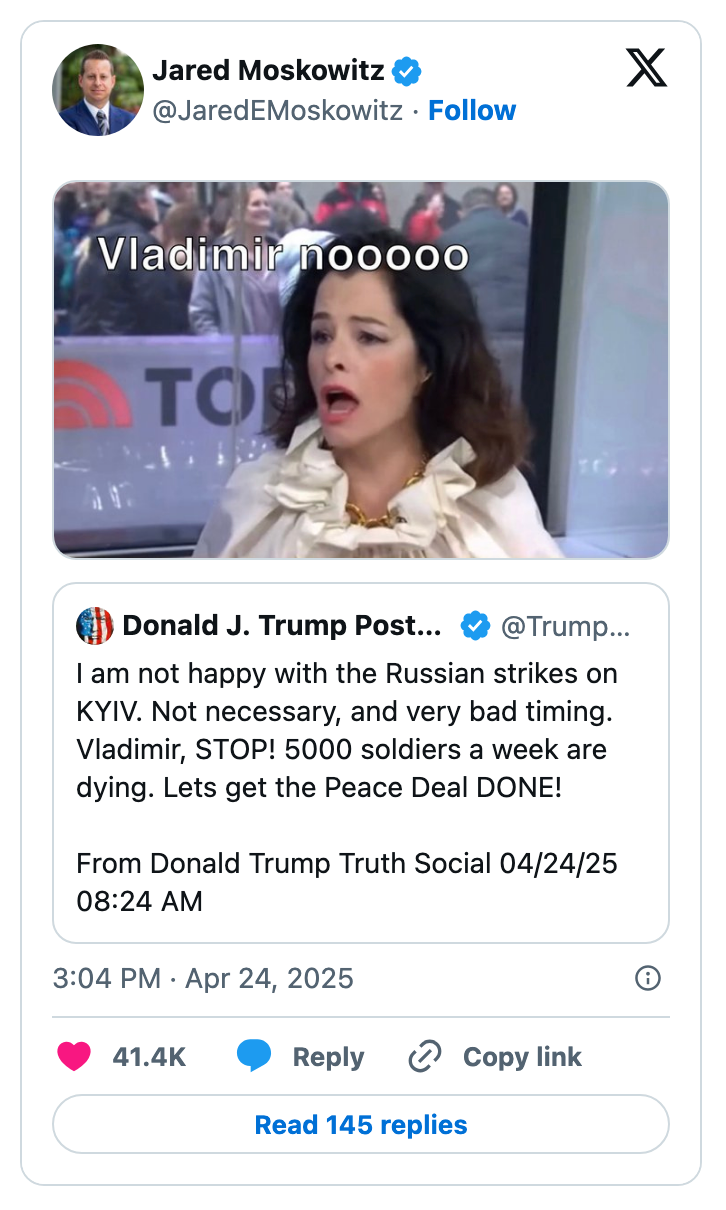 A woman reacting with surprise overlays a tweet criticizing Russian strikes on Kyiv, urging for peace