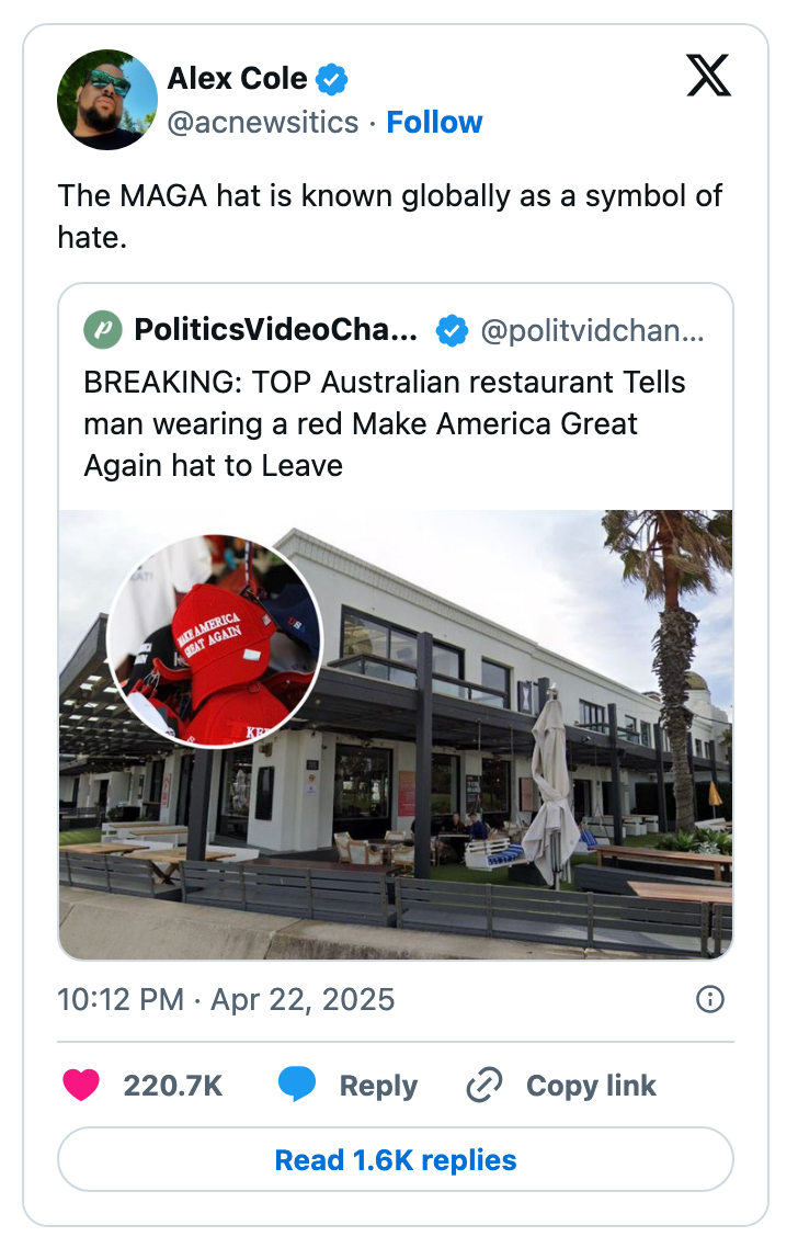 Tweet screenshot about a restaurant incident involving a man wearing a Make America Great Again hat