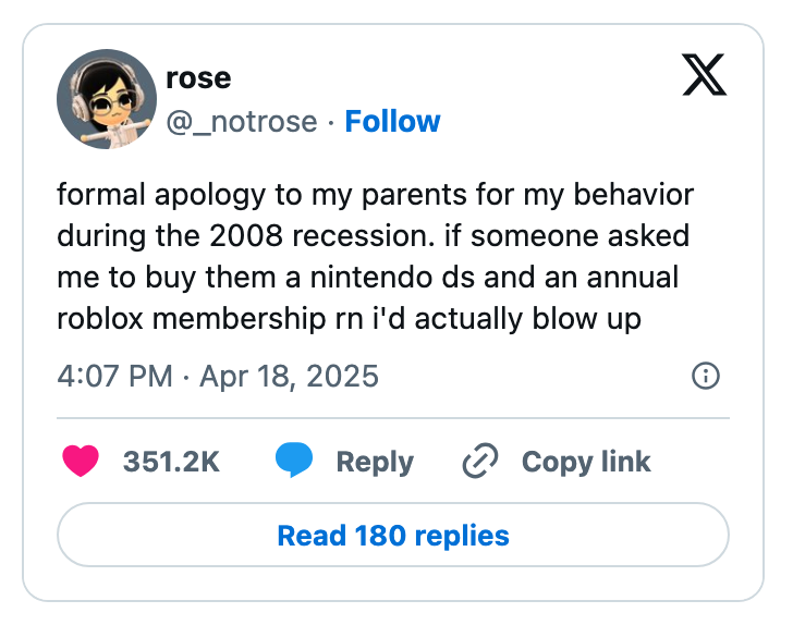 Social media post: User apologizes for 2008 behavior, stating buying a Nintendo DS and Roblox membership now would cause stress