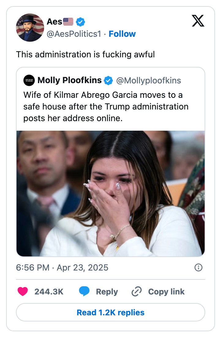 Social media post expressing criticism of a political administration, showing a woman covering her mouth, appearing distressed, during a public event