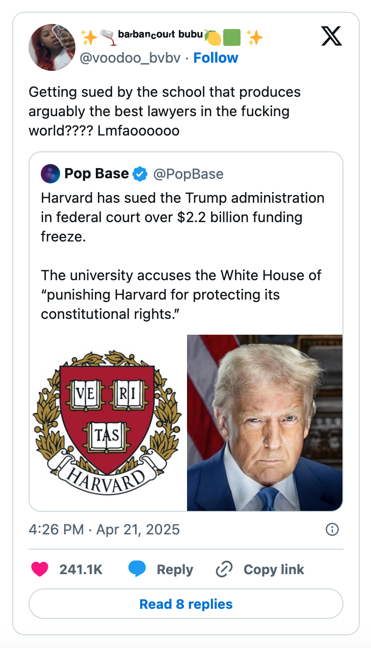 Tweet about Harvard suing the Trump administration over a $2 billion funding freeze, referring to a federal court case on constitutional rights