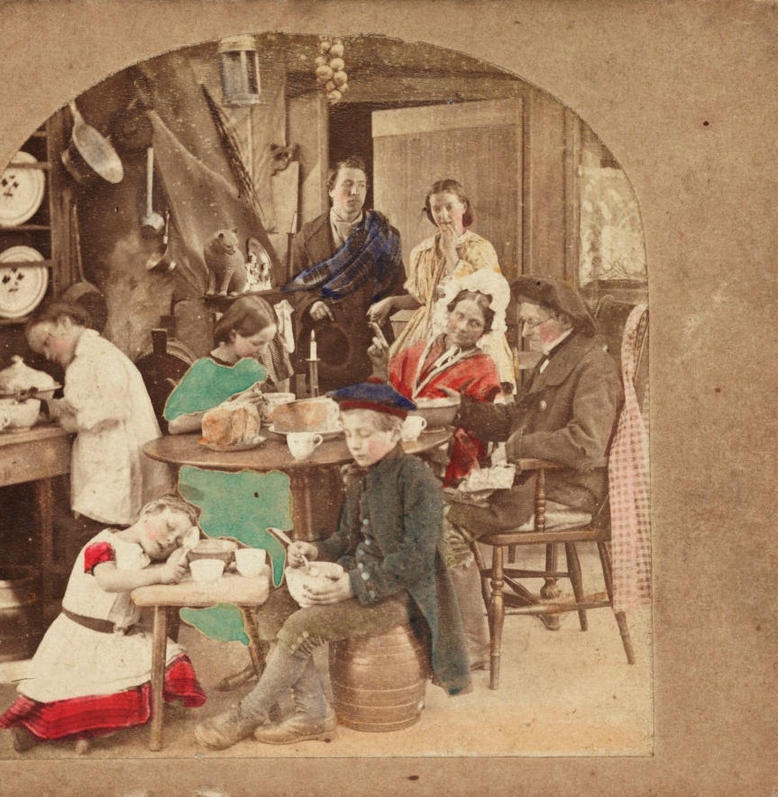 Vintage photo of children engaged in various activities around a table in a cozy, rustic interior