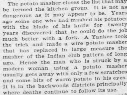 Summary of text: The text discusses the evolution of potato mashing from using knives to modern mashers, highlighting their safer, efficient use in kitchens