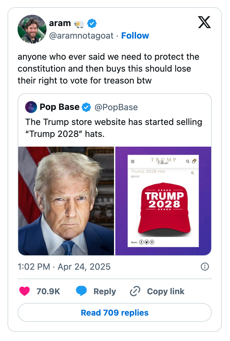 Screenshot of a tweet criticizing the sale of &quot;Trump 2028&quot; hats with a response suggesting buyers should lose voting rights