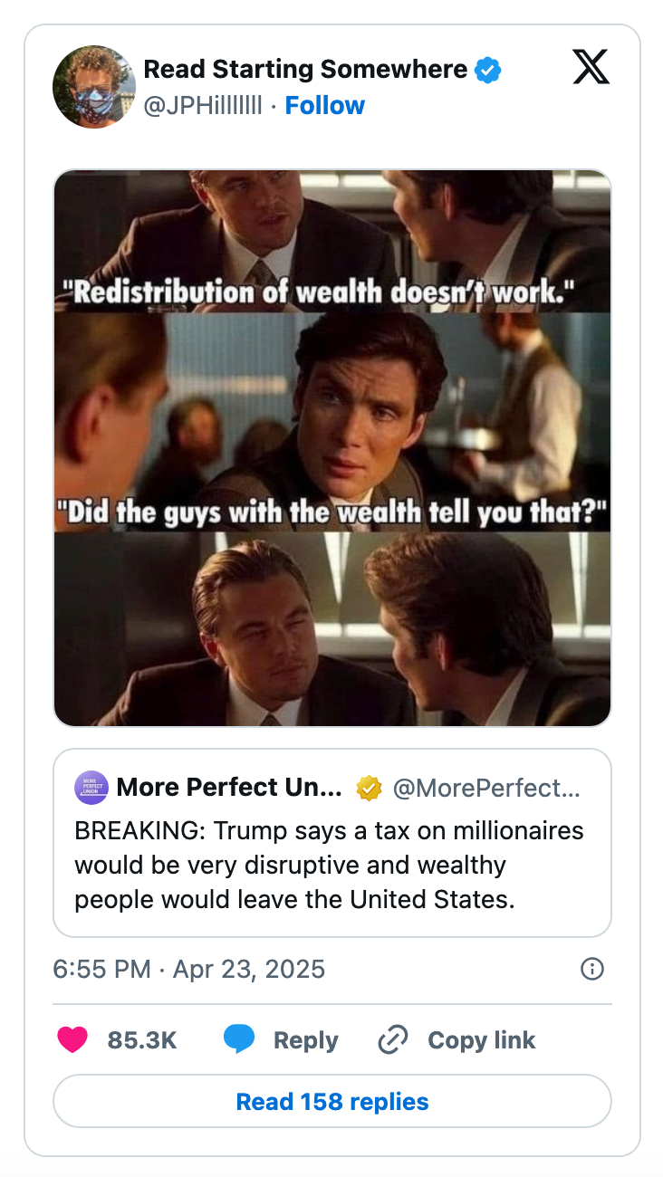 Image meme featuring characters in a dialogue about wealth with a news tweet mentioning a Trump statement on millionaire taxes below