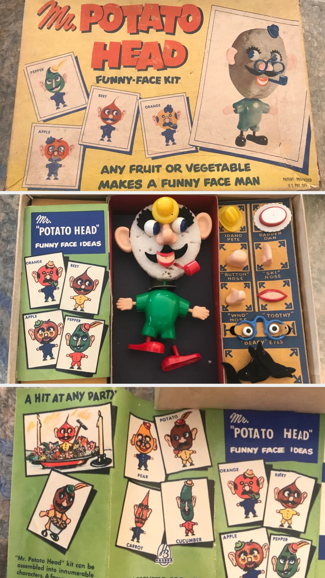 Vintage Mr. Potato Head box and kit with interchangeable face parts. Features illustrations for creative face ideas – using different fruits and vegetables — and suggests use at parties