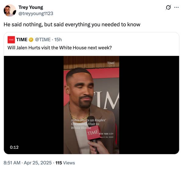 Man in a suit with a microphone near him during an interview. Text on image questions Eagles&#x27; Jalen Hurts visiting the White House