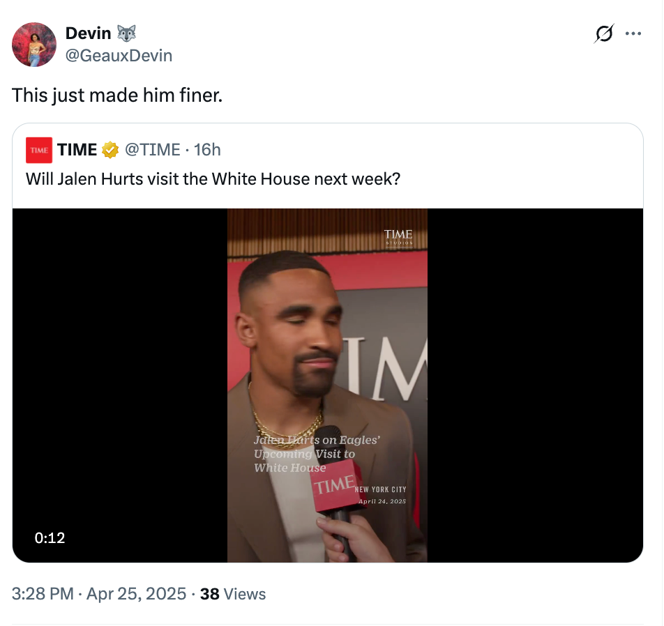 Man being interviewed by TIME, with a headline about Jalen Hurts possibly visiting the White House