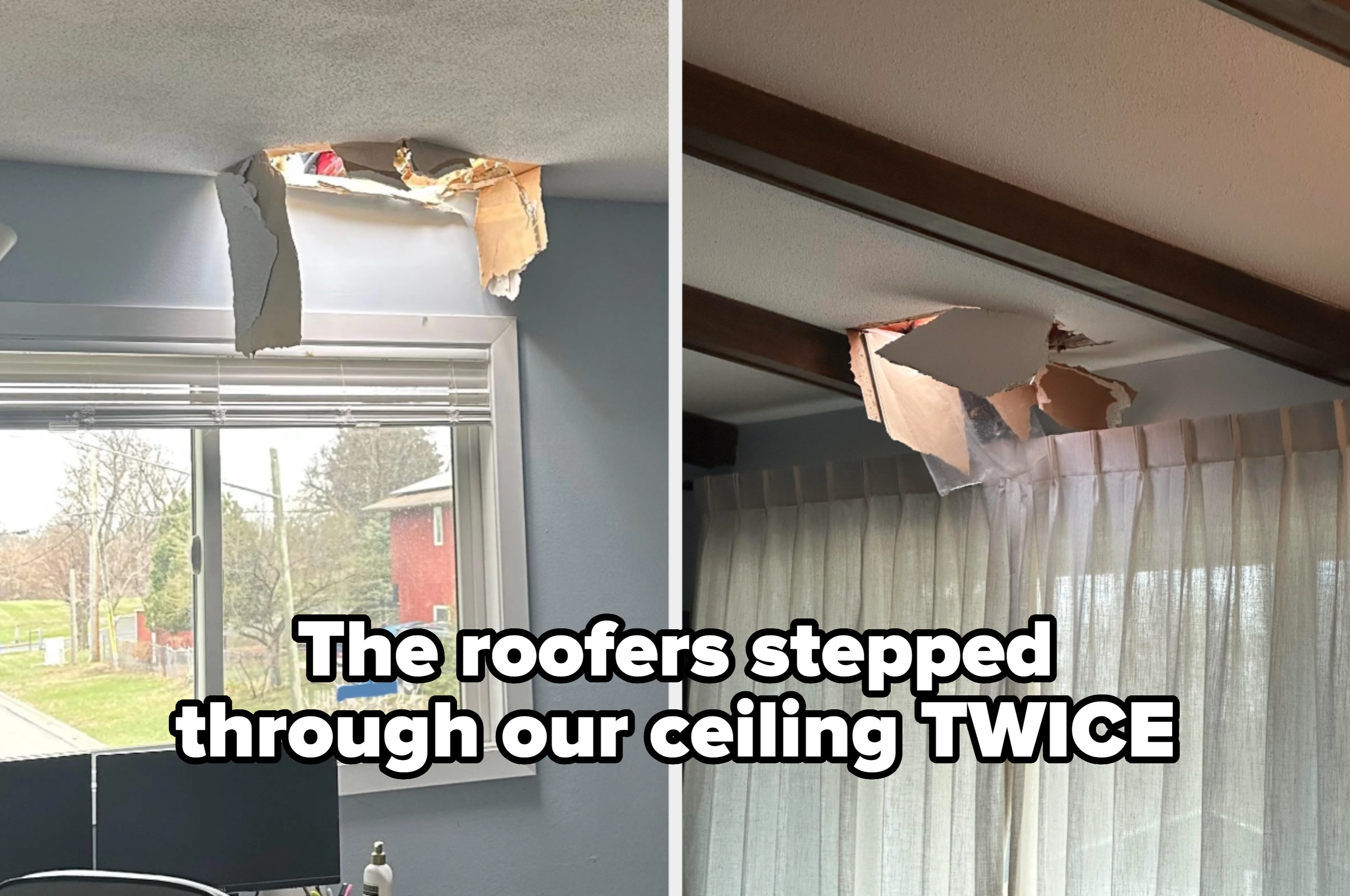 Two views of a ceiling hole caused by a fallen satellite part, with torn paper and exposed beams visible