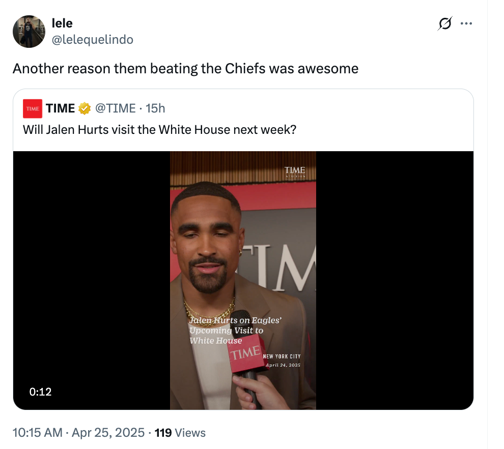 Screenshot of a social media post featuring a TIME article about Jalen Hurts' potential visit to the White House