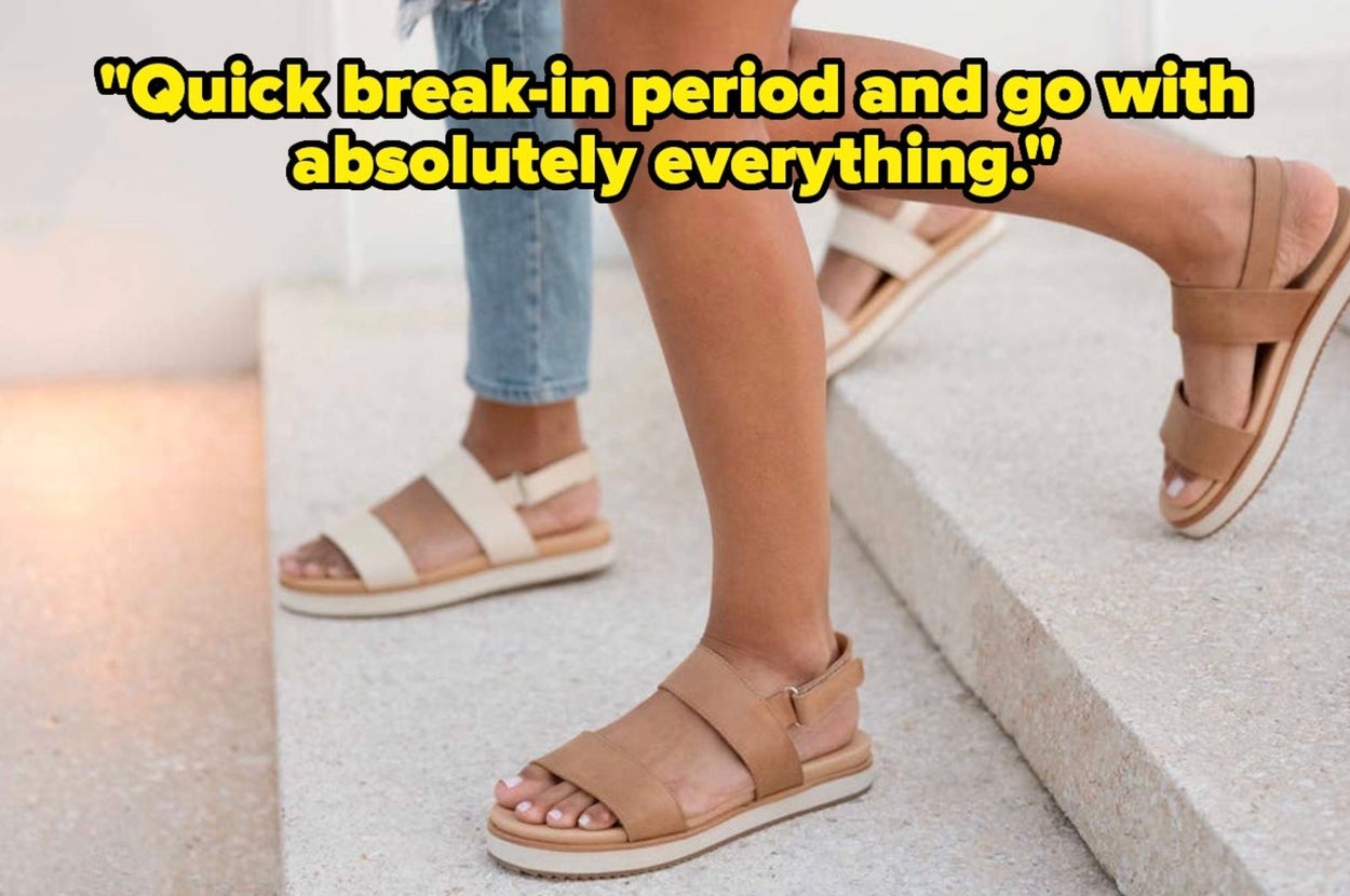 Person wearing tan sandals with thick soles; caption says, "Quick break-in period and go with absolutely everything."
