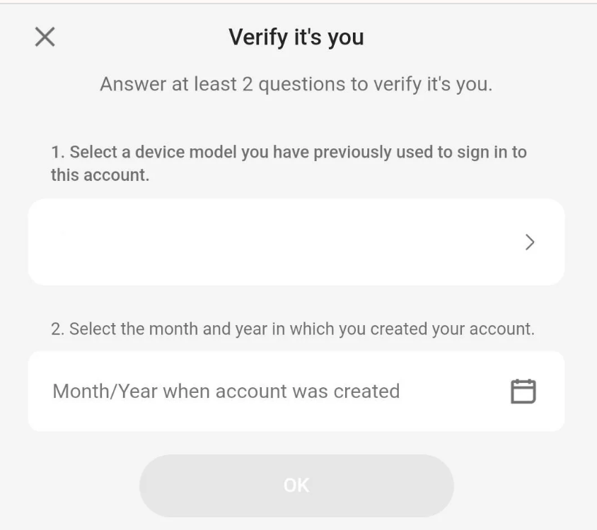 Verification prompt asking to answer two questions: selecting which device model you previously used to sign in, and providing the month and year of account creation