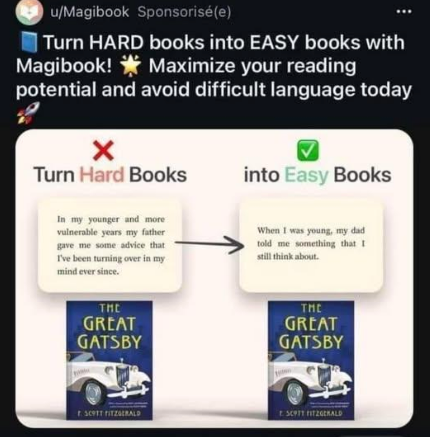 Ad promotes Magibook, transforming complex books into simpler versions. Example: "The Great Gatsby" is turned into easier language with memorable advice