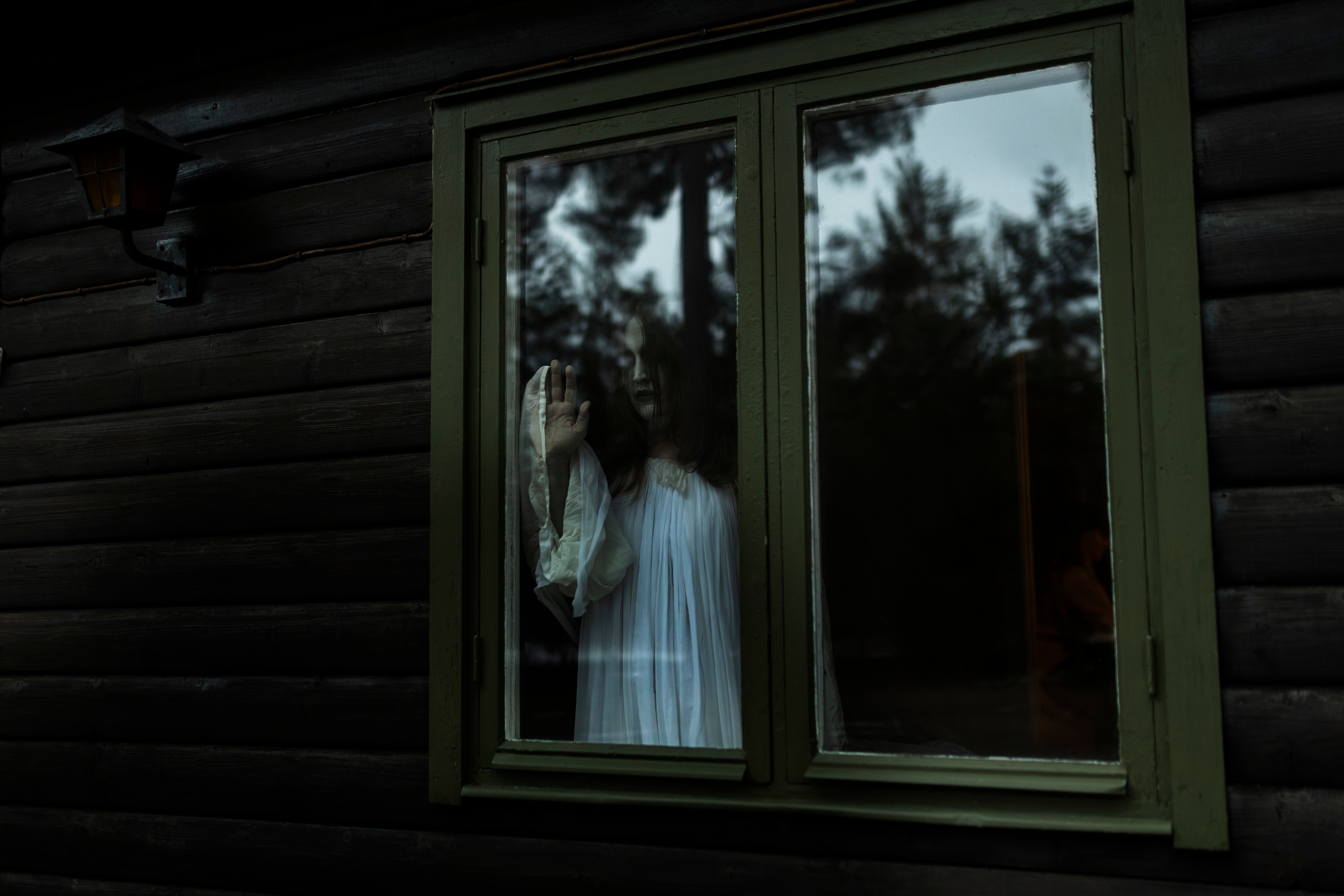 A person in a flowing dress stands inside, touching a window, looking out at the surrounding forest