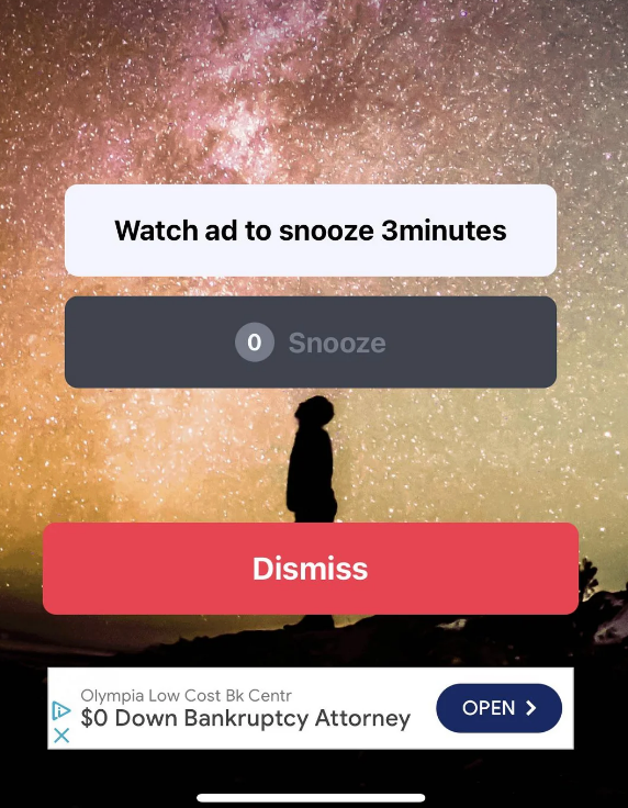 App with background of person stargazing with options to watch an ad in order to snooze