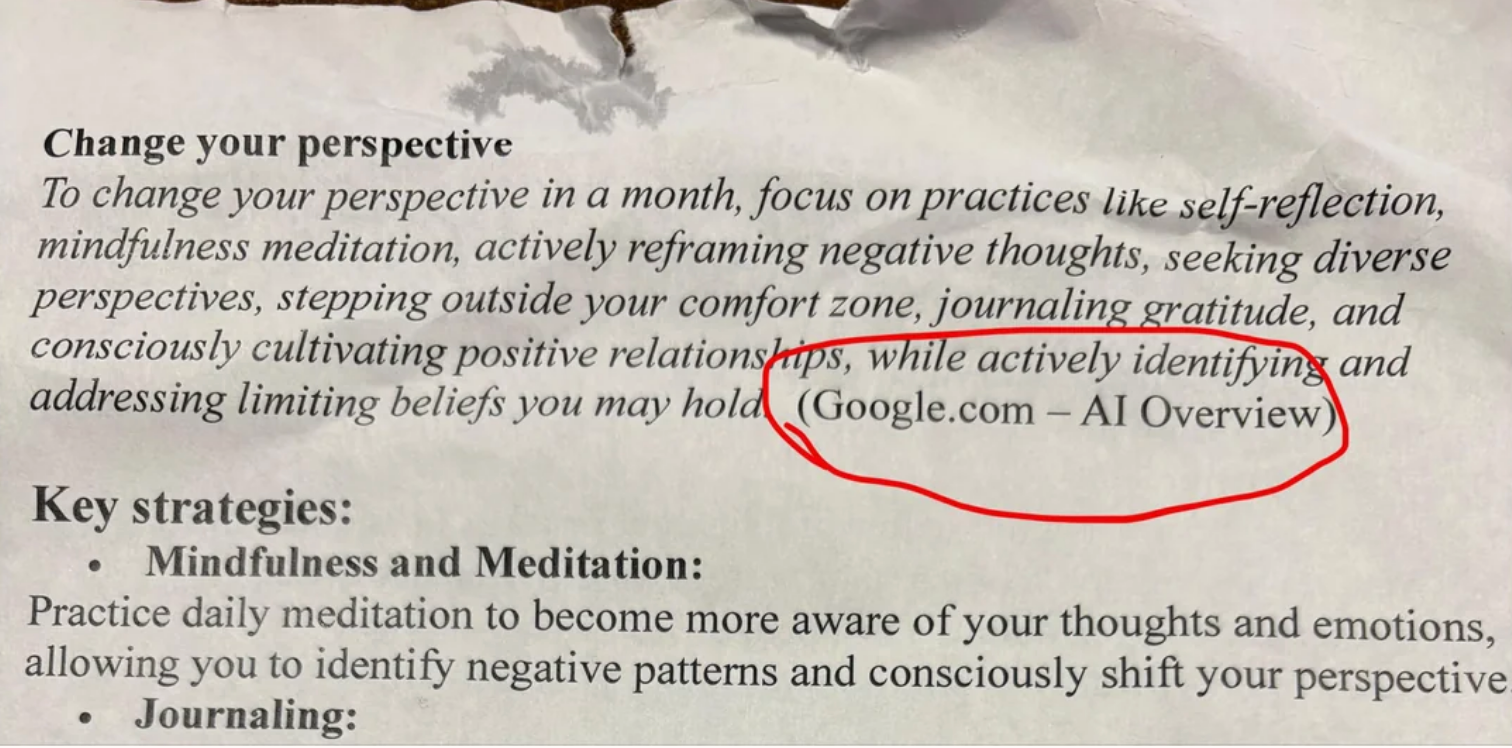 Text about changing perspective through mindfulness, meditation, and journaling. Citation: "Google.com – AI Overview"