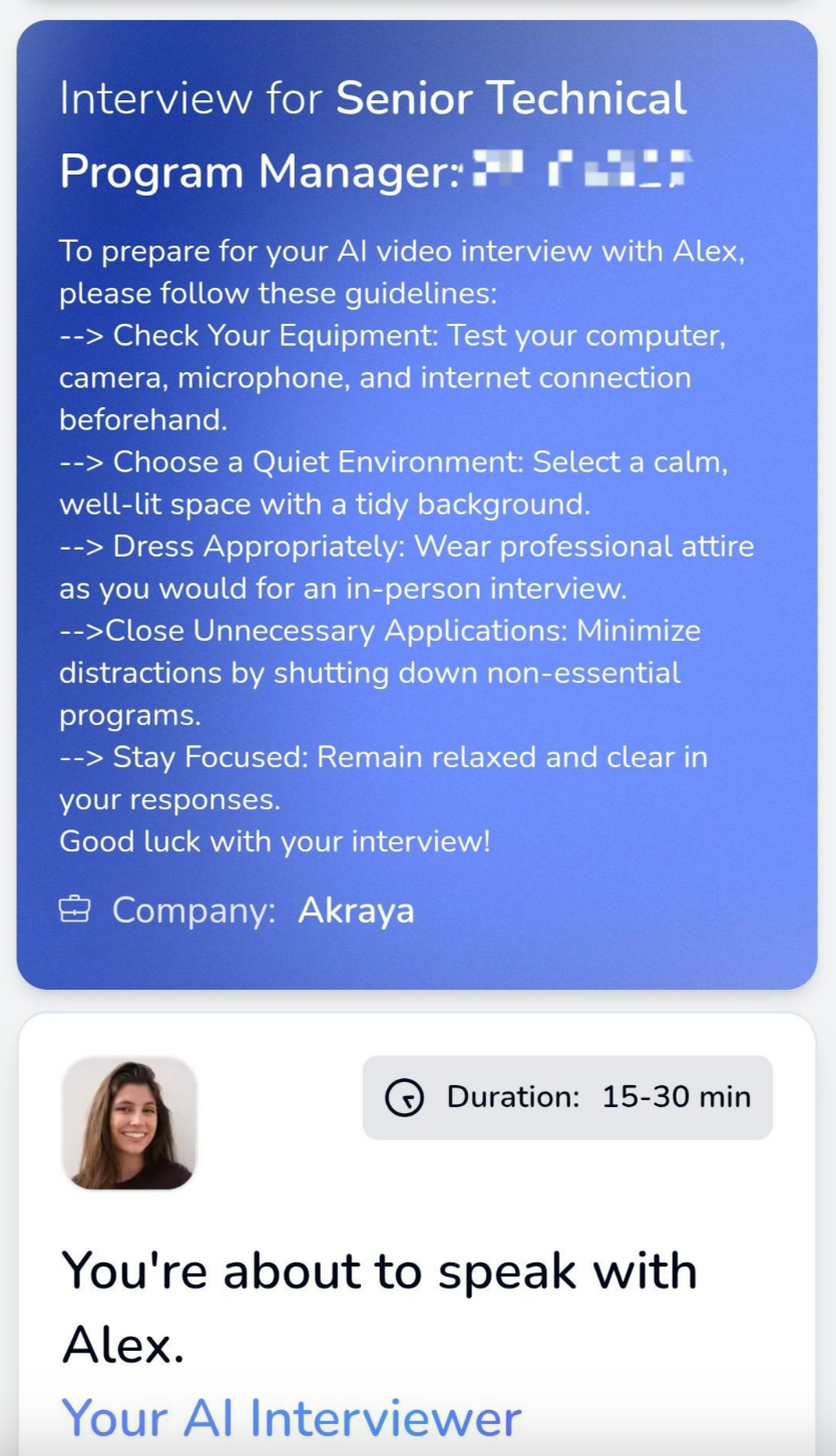 Instructions for a virtual AI interview for a senior technical program manager role