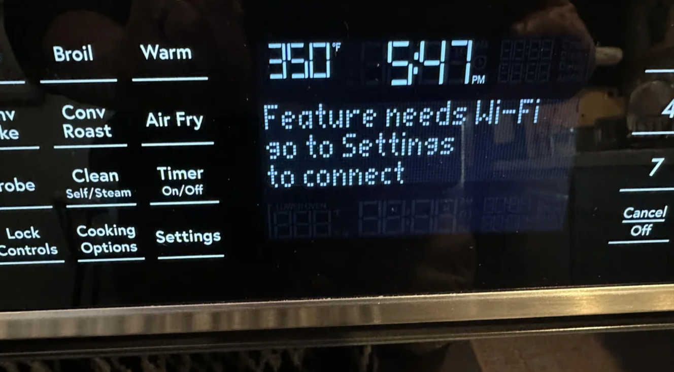 Oven display shows a message: "Feature needs Wi-Fi, go to Settings to connect"