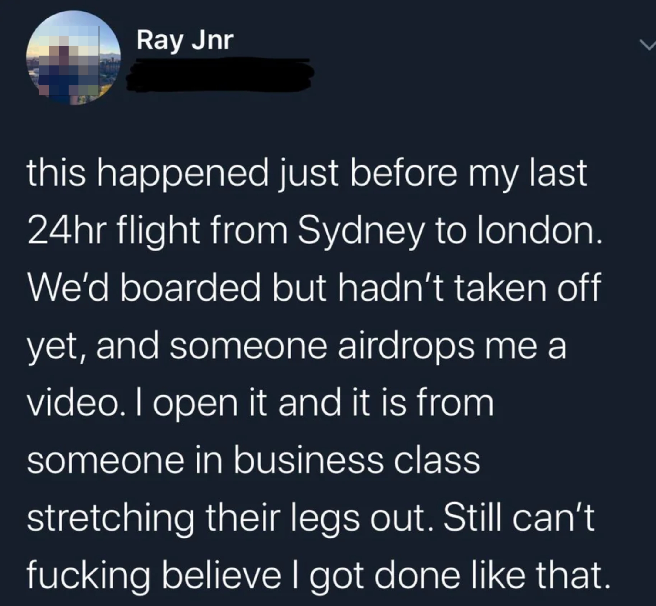 Tweet about receiving an unexpected airdrop video of someone stretching in business class before a flight from Sydney to London