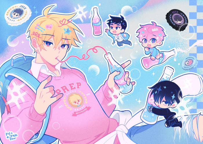 Ilustración de estilo anime con personajes chibi bebiendo refresco. Personaje principal con sudadera, mochila y burbujas a su alrededor