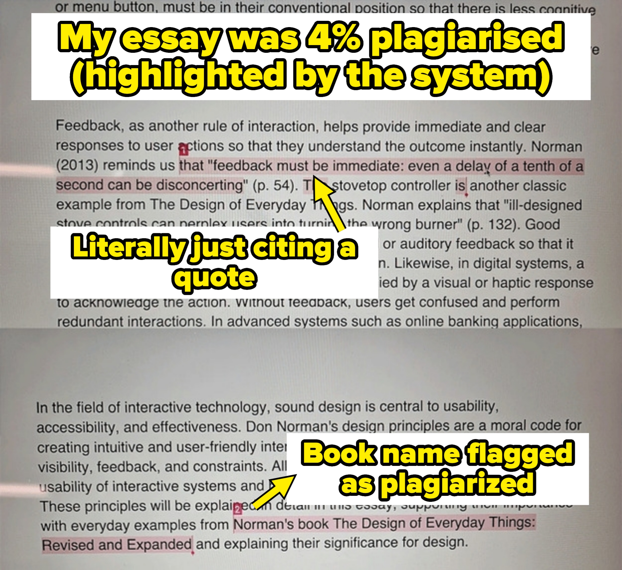 Essay with AI-generation text flagged, except the flagged text is a quote from a book and a book title