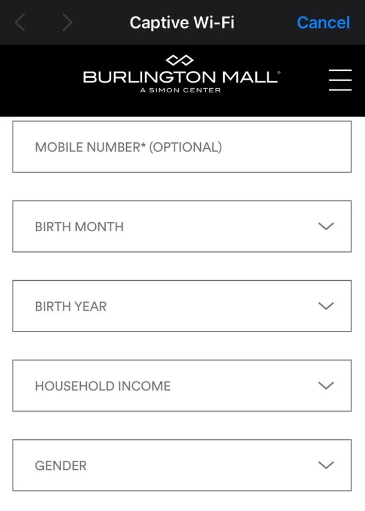 Form for Wi-Fi access at Burlington Mall, requiring mobile number, birth month and year, household income, and gender