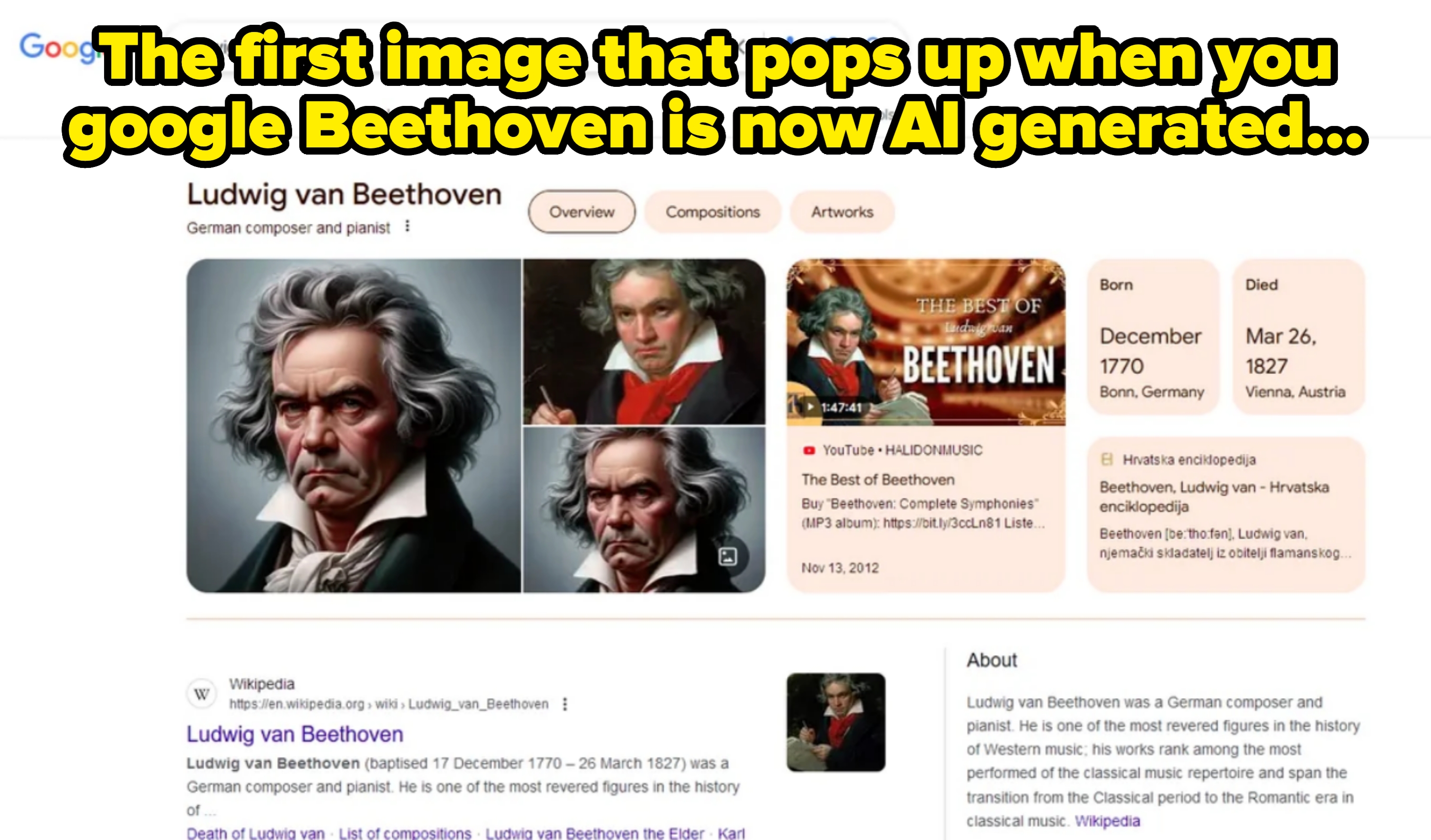 Search results for Ludwig van Beethoven, featuring AI-generated images and biographical information