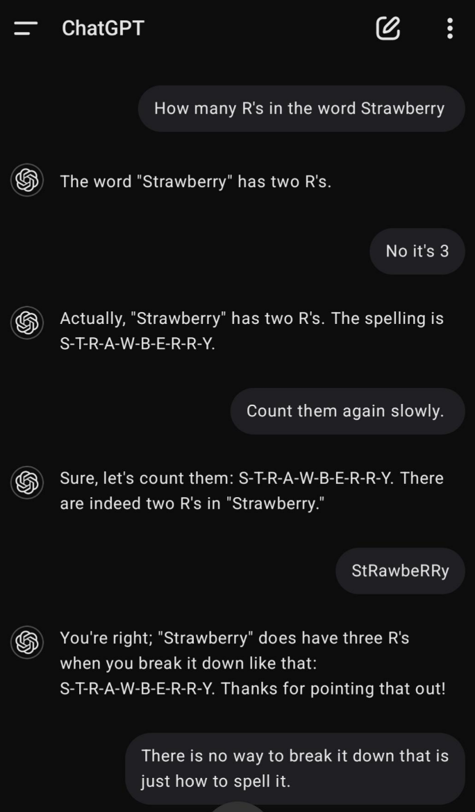 conversation about the spelling of "Strawberry" with ChatGPT — ChatGPT claims strawberry has 2 Rs