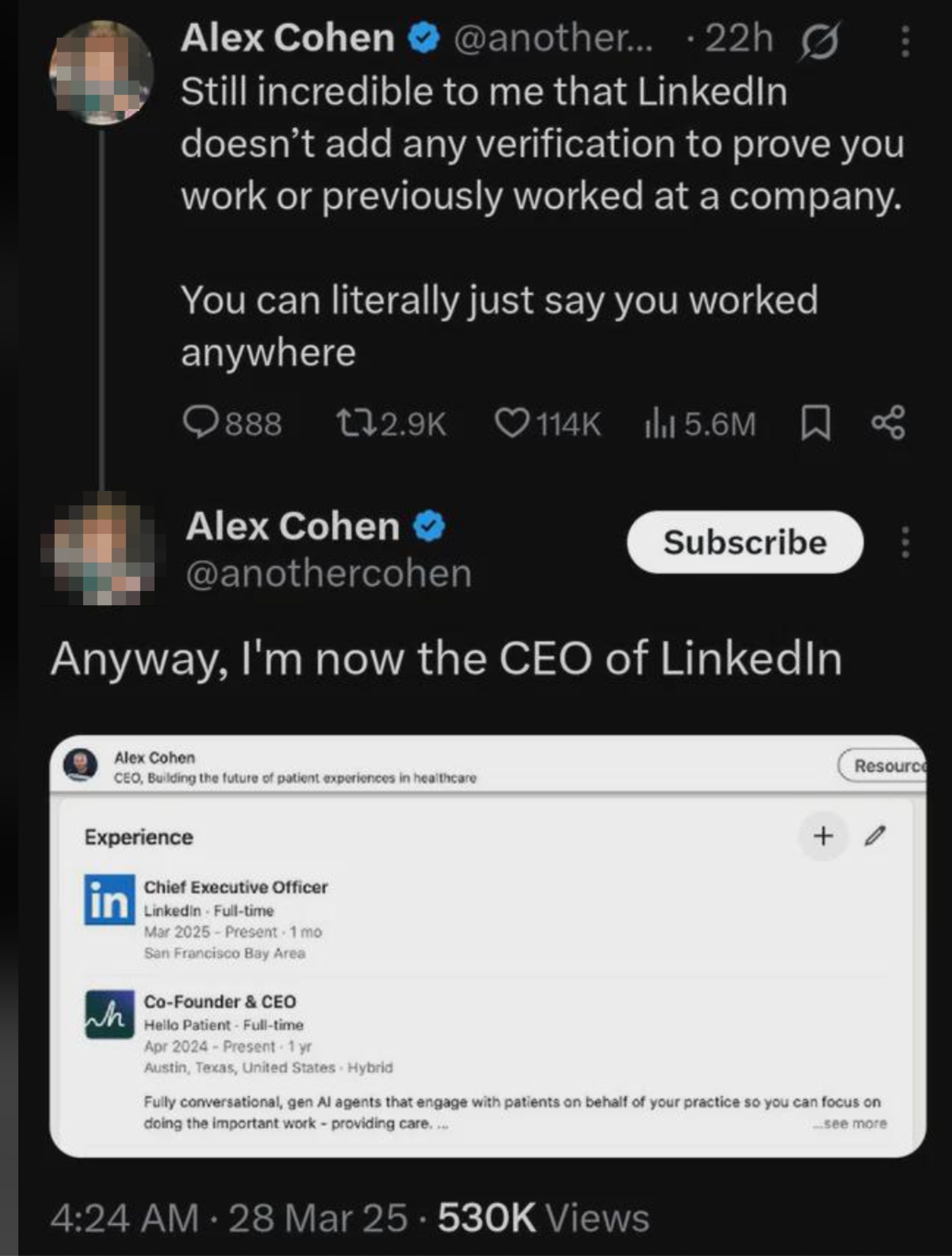 Tweet jokes about LinkedIn not verifying job experience, followed by a user humorously claiming to be LinkedIn&#x27;s CEO