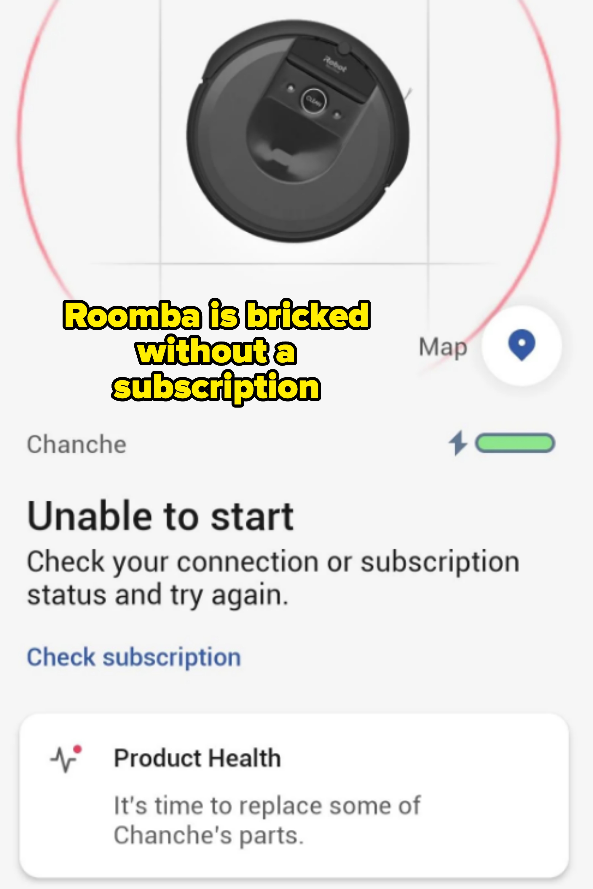 Robot vacuum error message: "Unable to start. Check your connection or subscription status and try again." Caption: "Roomba is bricked without a subscription"